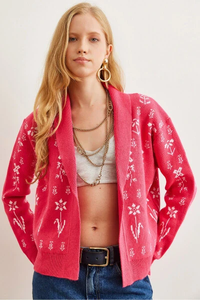 Women's Fuchsia Floral Print Shawl Neck Cardigan Sweater HRK-19000294 - 4