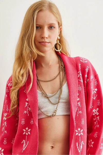 Women's Fuchsia Floral Print Shawl Neck Cardigan Sweater HRK-19000294 - 5