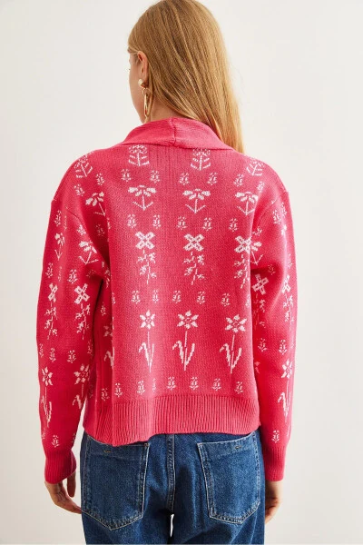 Women's Fuchsia Floral Print Shawl Neck Cardigan Sweater HRK-19000294 - 6