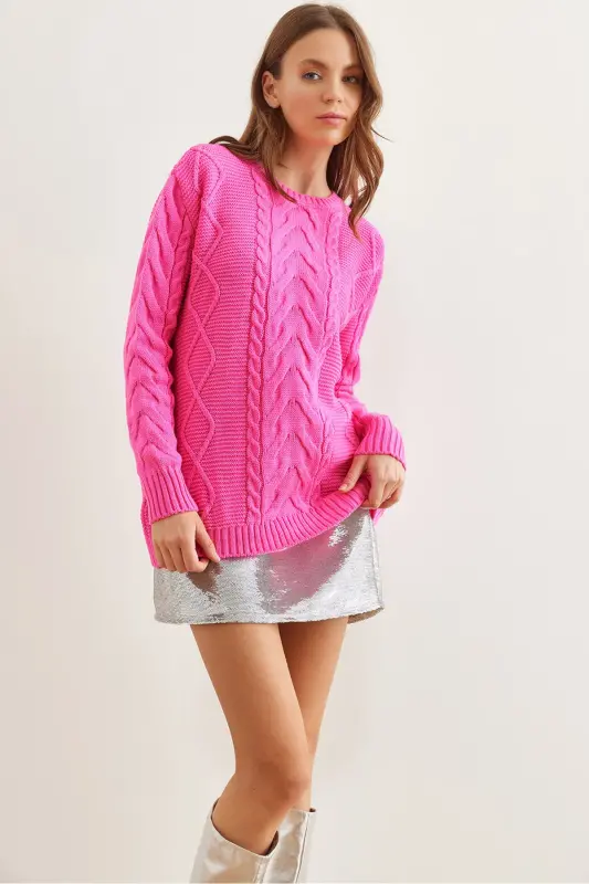Women's Fuchsia Front Braided Detail Knitted Sweater KZK-19000831-Fuchsia - 8