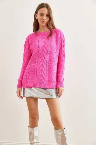 Women's Fuchsia Front Braided Detail Knitted Sweater KZK-19000831-Fuchsia - 9