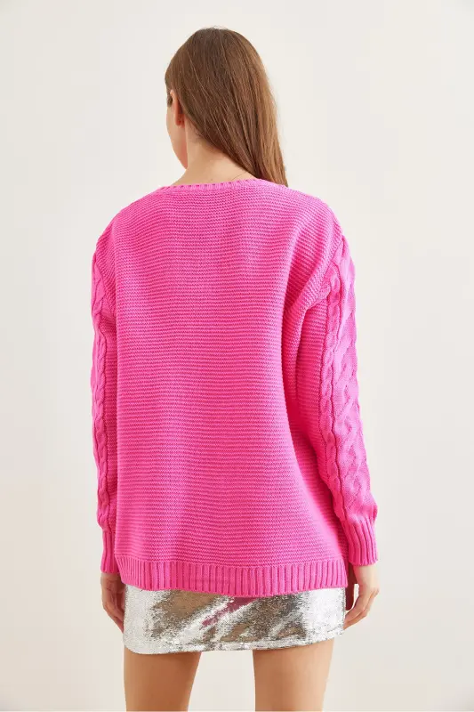 Women's Fuchsia Front Braided Detail Knitted Sweater KZK-19000831-Fuchsia - 13