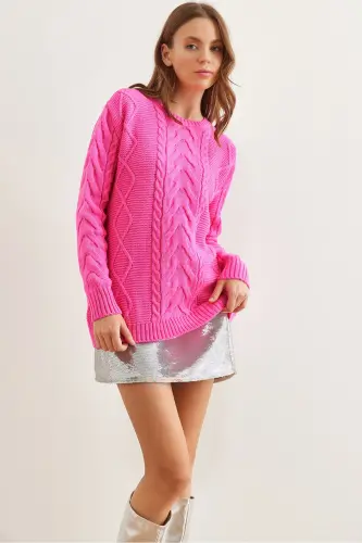 Women's Fuchsia Front Braided Detail Knitted Sweater KZK-19000831-Fuchsia - 2