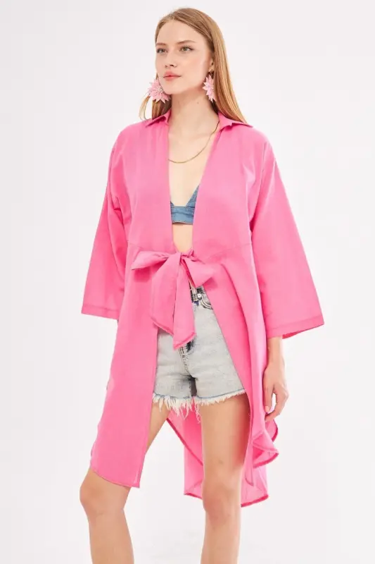 Women's Fuchsia Front Tie Midi Linen Dress - ARMONIKA