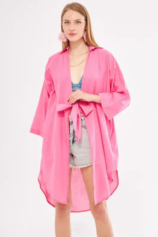 Women's Fuchsia Front Tie Midi Linen Dress - 2