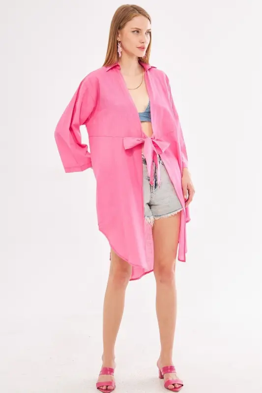 Women's Fuchsia Front Tie Midi Linen Dress - 3