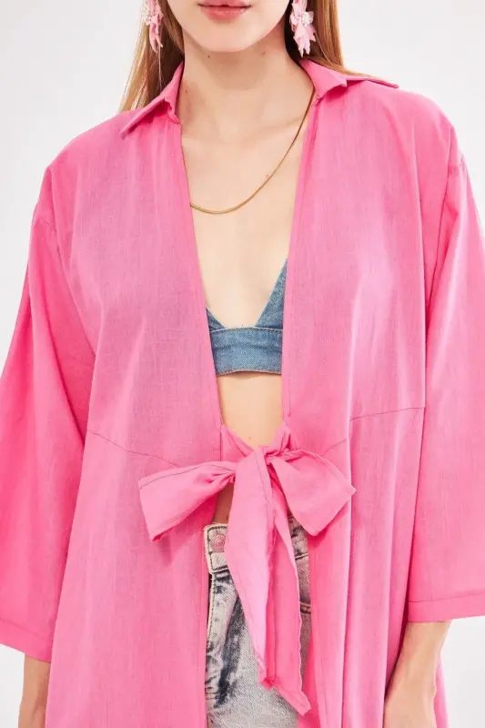 Women's Fuchsia Front Tie Midi Linen Dress - 4