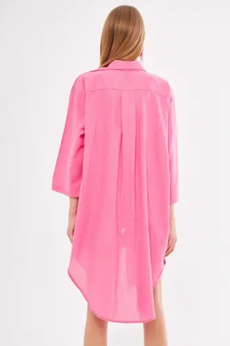 Women's Fuchsia Front Tie Midi Linen Dress - 5