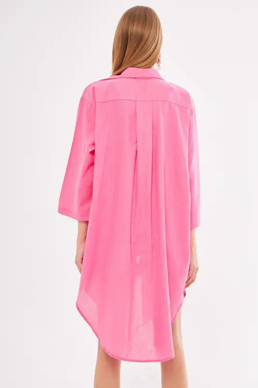 Women's Fuchsia Front Tie Midi Linen Dress - 5