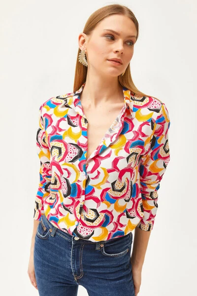 Women's Fuchsia Geometric Patterned Woven Shirt GML-19001174 - OLALOOK