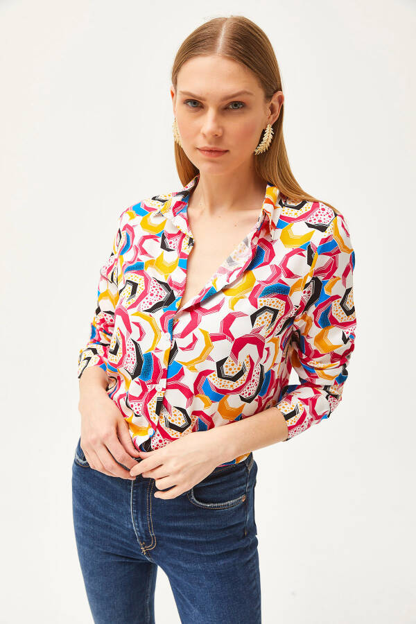 Women's Fuchsia Geometric Patterned Woven Shirt GML-19001174 - 4