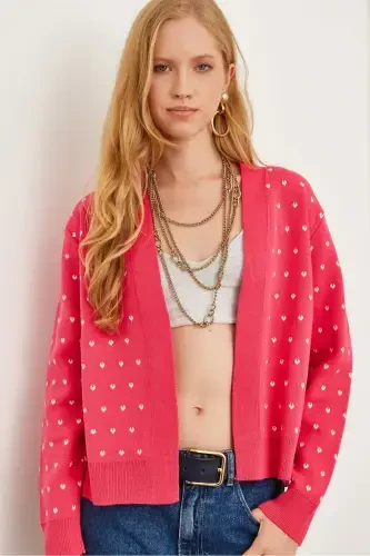 Women's Fuchsia Heart Detailed Thick Knitted Cardigan HRK-19000295-Fuchsia - OLALOOK (1)