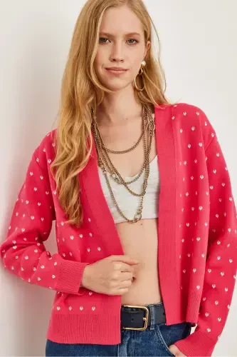 Women's Fuchsia Heart Detailed Thick Knitted Cardigan HRK-19000295-Fuchsia - 3