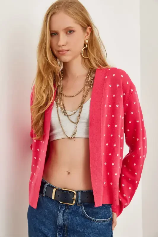 Women's Fuchsia Heart Detailed Thick Knitted Cardigan HRK-19000295-Fuchsia - 4