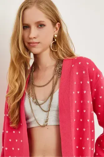 Women's Fuchsia Heart Detailed Thick Knitted Cardigan HRK-19000295-Fuchsia - 5