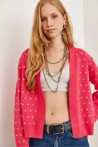 Women's Fuchsia Heart Detailed Thick Knitted Cardigan HRK-19000295-Fuchsia - 6