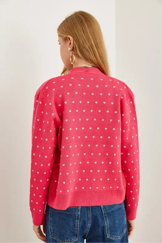 Women's Fuchsia Heart Detailed Thick Knitted Cardigan HRK-19000295-Fuchsia - 7