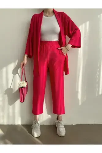 Women's Fuchsia Kimono Pants Knitted Suit-Fuchsia - 1
