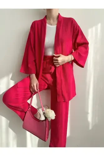 Women's Fuchsia Kimono Pants Knitted Suit-Fuchsia - 3