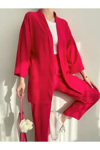 Women's Fuchsia Kimono Pants Knitted Suit-Fuchsia - 4