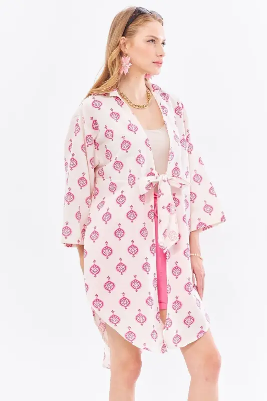 Women's Fuchsia Linen-Look Printed Front Tie-Up - ARMONIKA