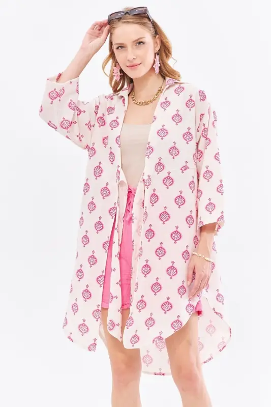 Women's Fuchsia Linen-Look Printed Front Tie-Up - 2