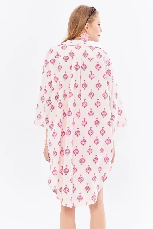 Women's Fuchsia Linen-Look Printed Front Tie-Up - 3