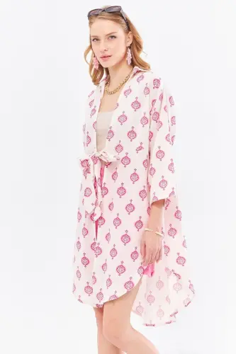 Women's Fuchsia Linen-Look Printed Front Tie-Up - 4