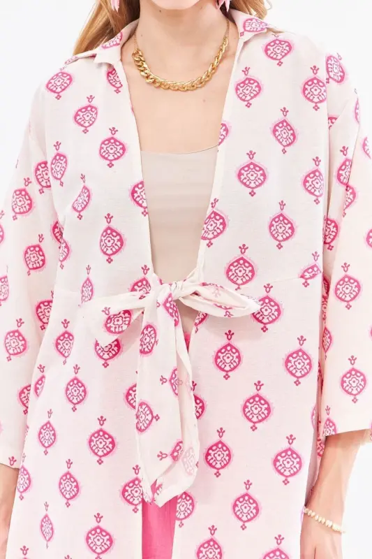 Women's Fuchsia Linen-Look Printed Front Tie-Up - 5