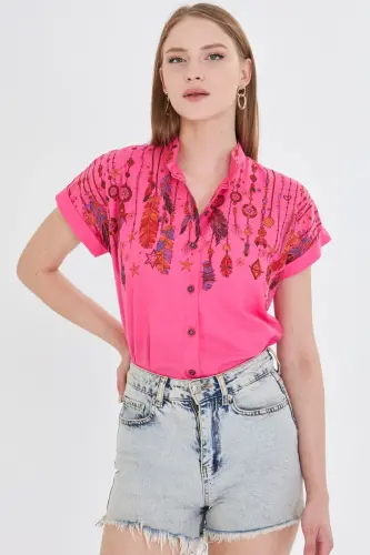 Women's Fuchsia Mandarin Collar Short Sleeve Shirt ARM-25Y00 