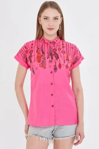 Women's Fuchsia Mandarin Collar Short Sleeve Shirt ARM-25Y00 - ARMONIKA (1)
