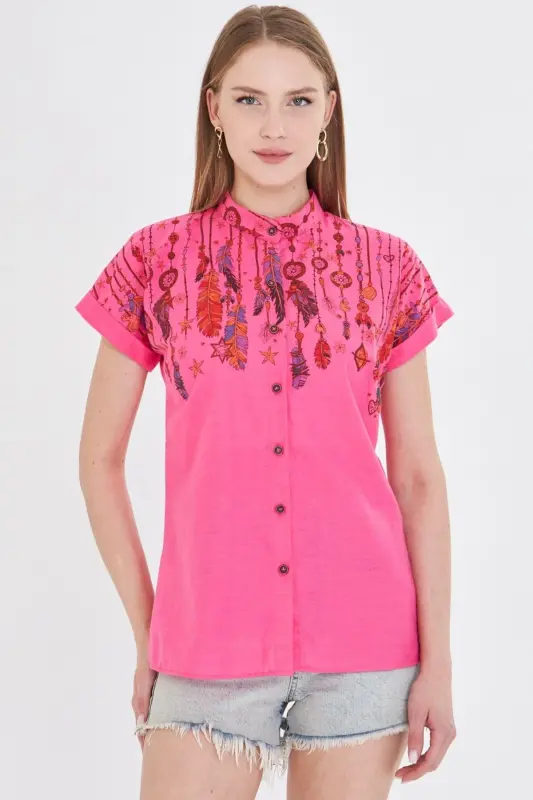 Women's Fuchsia Mandarin Collar Short Sleeve Shirt ARM-25Y00 - 2