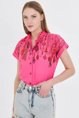 Women's Fuchsia Mandarin Collar Short Sleeve Shirt ARM-25Y00 - 3