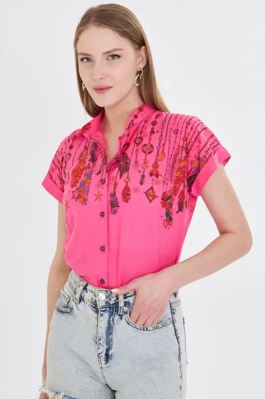 Women's Fuchsia Mandarin Collar Short Sleeve Shirt ARM-25Y00 - 3