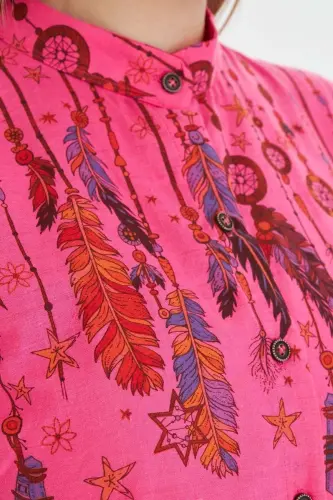 Women's Fuchsia Mandarin Collar Short Sleeve Shirt ARM-25Y00 - 4