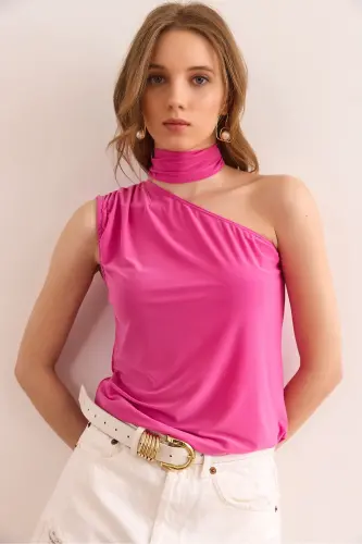 Women's Fuchsia One Shoulder Accessory Belted Sandy Blouse B 
