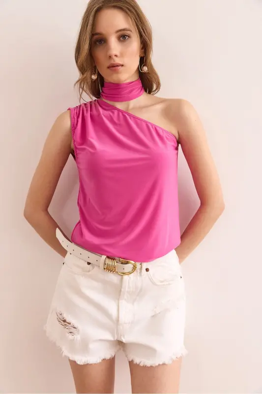 Women's Fuchsia One Shoulder Accessory Belted Sandy Blouse B - 2