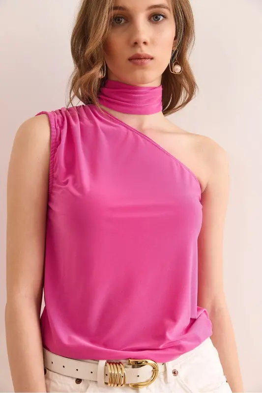 Women's Fuchsia One Shoulder Accessory Belted Sandy Blouse B - 4