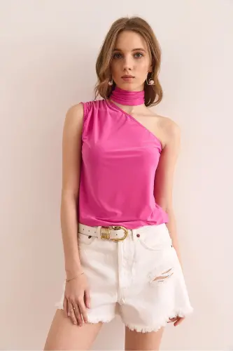 Women's Fuchsia One Shoulder Accessory Belted Sandy Blouse B - 5