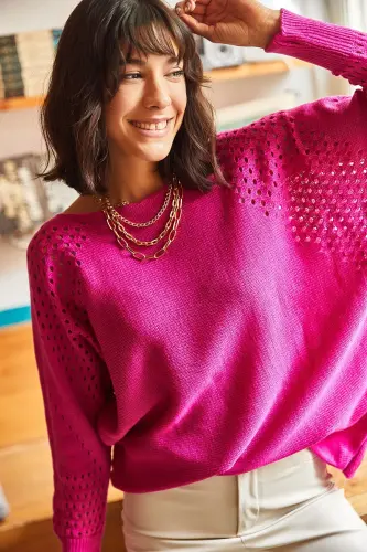 Women's Fuchsia Openwork Batwing Oversize Knit Sweater KZK-19000524-Fuchsia 