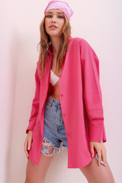 Women's Fuchsia Oversized Long Woven Shirt ALC-X6828 - 1