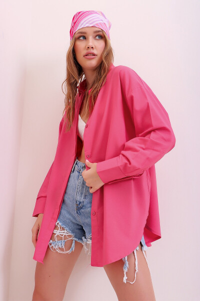 Women's Fuchsia Oversized Long Woven Shirt ALC-X6828 - 2