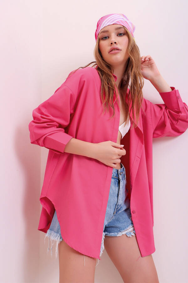 Women's Fuchsia Oversized Long Woven Shirt ALC-X6828 - 3