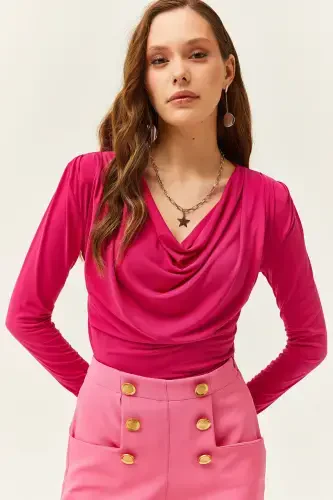 Women's Fuchsia Padded Pleated Cowl Neck Blouse BLZ-19002419-Fuchsia - 1