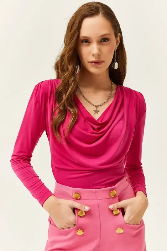 Women's Fuchsia Padded Pleated Cowl Neck Blouse BLZ-19002419-Fuchsia - 2
