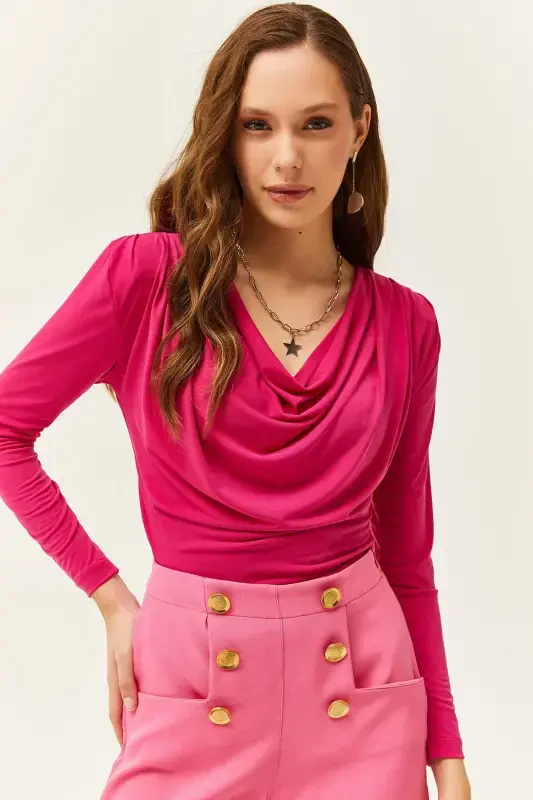 Women's Fuchsia Padded Pleated Cowl Neck Blouse BLZ-19002419-Fuchsia - 3