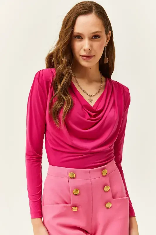 Women's Fuchsia Padded Pleated Cowl Neck Blouse BLZ-19002419-Fuchsia - 4