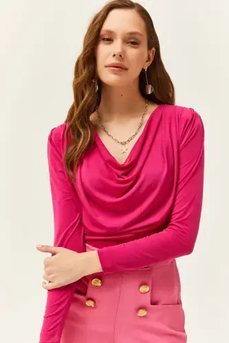 Women's Fuchsia Padded Pleated Cowl Neck Blouse BLZ-19002419-Fuchsia - 5