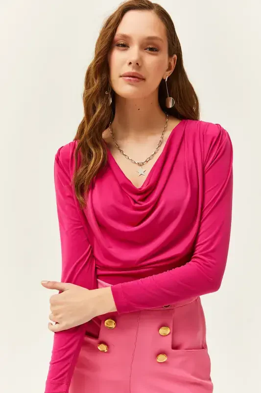 Women's Fuchsia Padded Pleated Cowl Neck Blouse BLZ-19002419-Fuchsia - 5