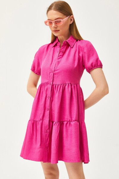 Women's Fuchsia Patchwork Linen Blend Shirt Dress ELB-19002075 - 1